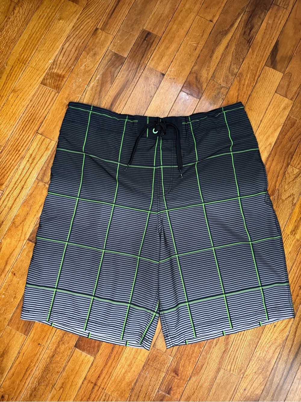 OP Men's Black Swim Board Shorts with Neon Green Grid